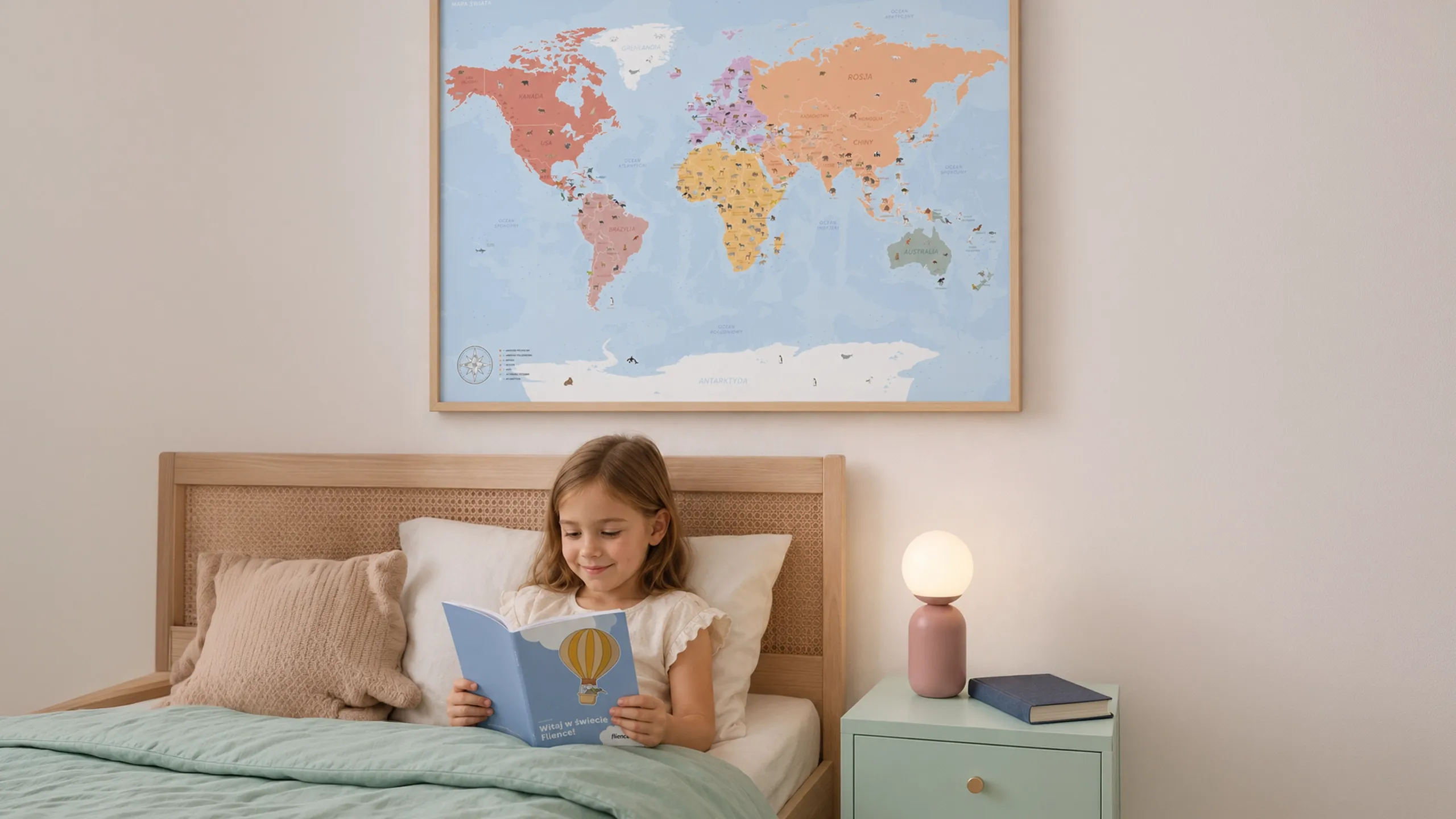Mapa świata ze zwierzętami Flience na ścianie w pokoju dziecka